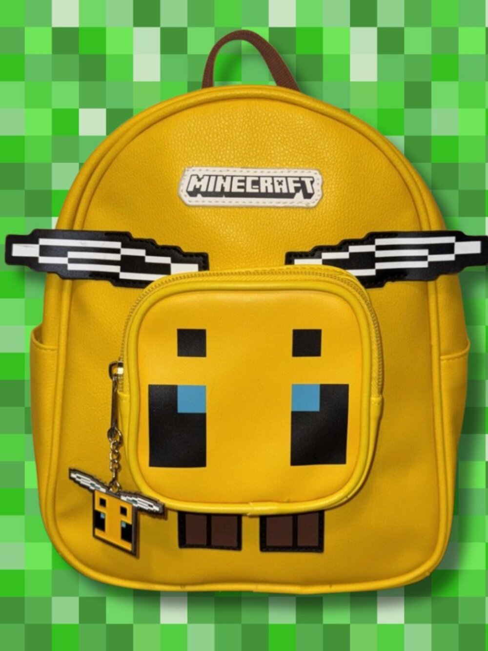Minecraft Bee Backpack Yellow Faux Leather w/ Metal Bee Charm EUC